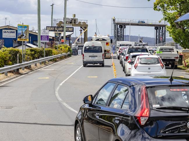 Cars being loaded onto the Bruny Island Ferry during the busy school holiday period.Picture: Linda Higginson