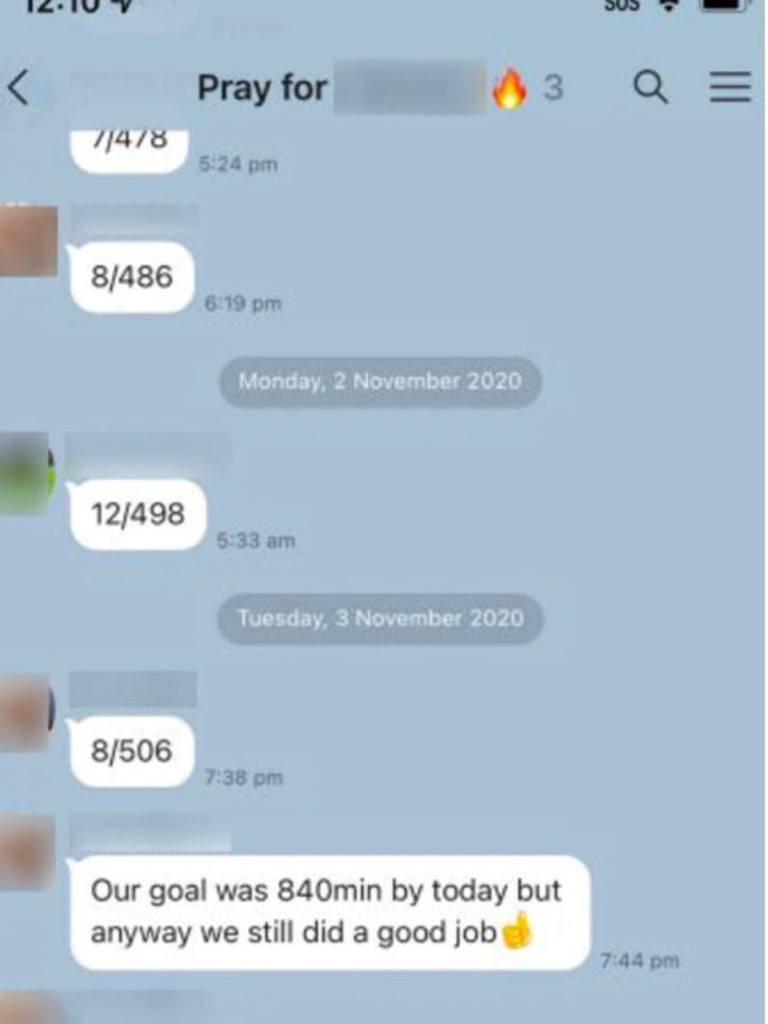 Sydney Providence members count the number of hours they collectively prayed and posted it in their group chat. The first number is how many minutes they prayed and they add that number to the current total.