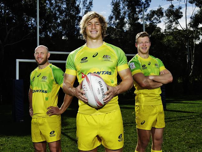 Locals James Stannard, Jesse Parahi, and Cameron Clark are in the The Australian Mens Sevens Rugby team heading to the Rio Olympics. Picture: Braden Fastier