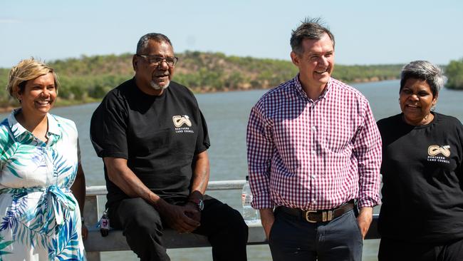 Arnhem MLA and Indigenous Affairs Minister Selena Uibo, Northern Land Council chairman Samuel Bush-Blanasi, Chief Minister Michael Gunner and Northern Land Council chief executive Marion Scrymgour. Picture: NLC/ Bob Gosford