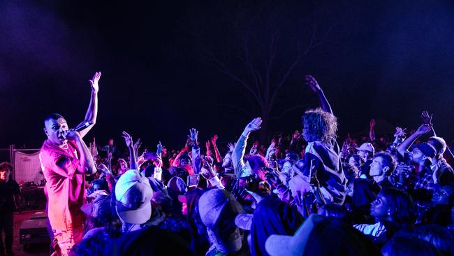 Darwin Hip Hop Artist J Milla performs at the annual Barunga Festival. Picture: NewsWire / Glenn Campbell