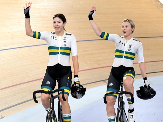 Georgia Baker and Annette Edmondson celebrate victory in the final of the Women's Madison 30km event during the 2019 Brisbane Track World Cup. Picture: BRADLEY KANARIS/GETTY IMAGES