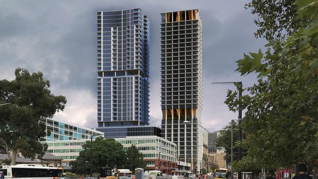 An artist impression of the Global Student Accommodation building, right, next to the Adelaidean apartment and hotel tower.