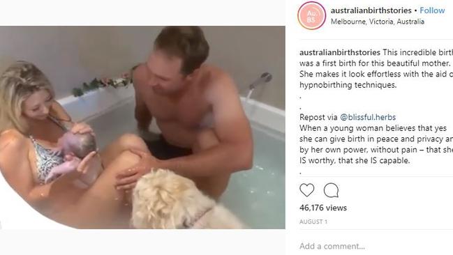 A video of an Australian mum giving birth in a bath alongside her partner and dog. (Pic: Instagram)