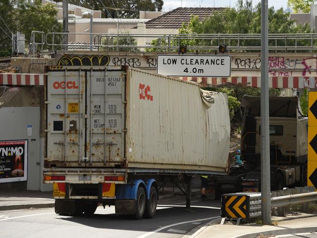 A truck hits the Napier St bridge in Footscray. Picture: David Smith