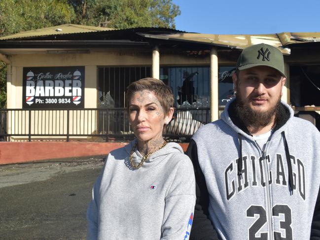 Boronia Heights fire - Owner Gothic Realm Tattoo & Barber, Valerie Eileen Denney, and tattooist, Taiarirobinson Clough. Photo by Georgie Walker.