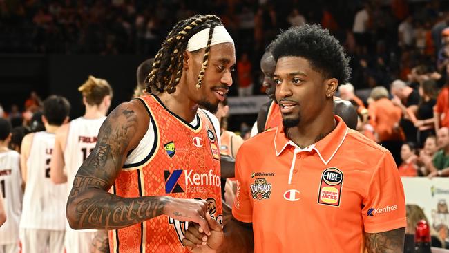 CAIRNS, AUSTRALIA - NOVEMBER 11: Taipans Tahjere McCall and Patrick Miller are seen after the round seven NBL match between Cairns Taipans and Illawarra Hawks at Cairns Convention Centre, on November 11, 2023, in Cairns, Australia. (Photo by Emily Barker/Getty Images)