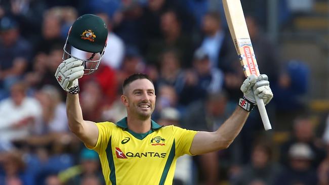 Australia’s Shaun Marsh celebrates reaching his century against England in Cardiff. Picture: AFP