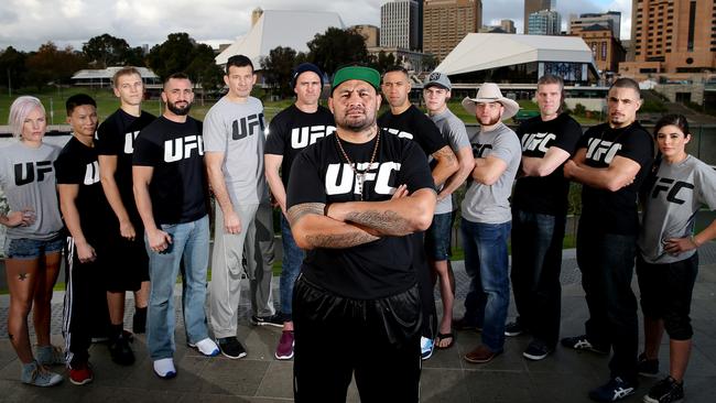 07/05/15 Mark Hunt (centre) and other Australian UFC fighters in the city ahead of Adelaide's first UFC Fight Night at the Entertainment Centre on Sunday. photo Calum Robertson