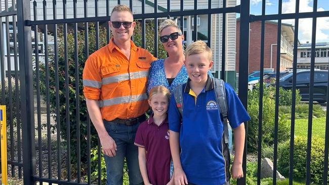 Chris Davidson, Evie Davidson, Danna Davidson and Archer Davidson at the first day of school at Nambour State School in 2023. Photo: Chelsea Heaney