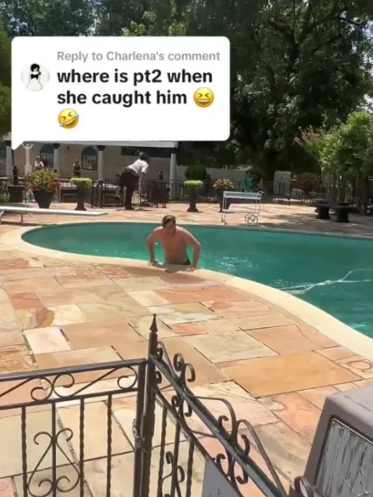 This is the shocking moment a Brit tourist jumped into Elvis Presley’s swimming pool at Graceland. Picture: TikTok/nannyxmurphy17_