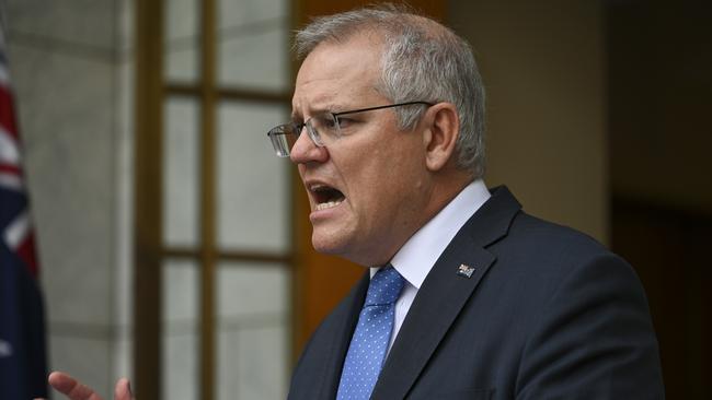 Prime Minister Scott Morrison holds a press conference after the national cabinet meeting at Parliament House. Picture: NCA NewsWire / Martin Ollman