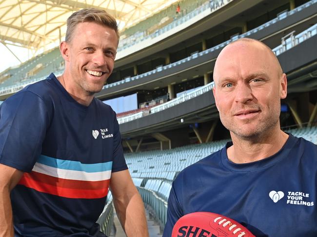 17/2/21. Crows Assistant and Mid-field Coach Nathan van Berlo and Port Adelaide development coach Chad Cornes are ambassadors for assisting the 