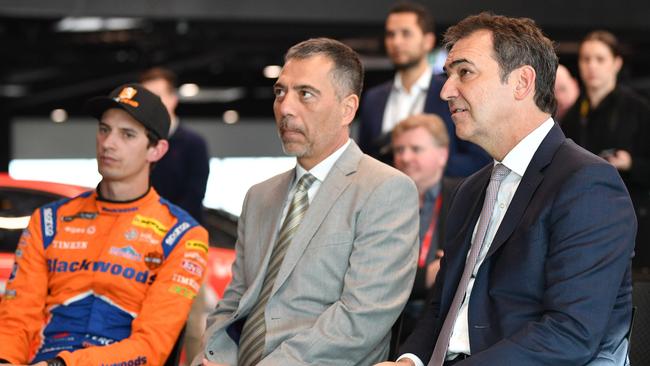 Supercars driver Nick Percat, The Bend managing Director Sam Shahin and South Australian Premier Steven Marshall at the launch of The Bend Motor Sport Park, Tailem Bend in June. Picture: AAP Image/David Mariuz