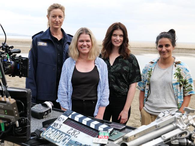 The Kates say Tasmania was an obvious place to film Deadloch. Deadloch star Kate Box (as Dulcie), with creators Kate McLennan and Kate McCartney, and Madeleine Sami (as Eddie), during filming in Tasmania. Picture: Bradley Patrick