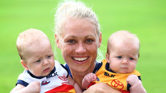 Erin Phillips with four-month old twins Blake and Brooklyn after the Crows’ win. Picture: Adam Head