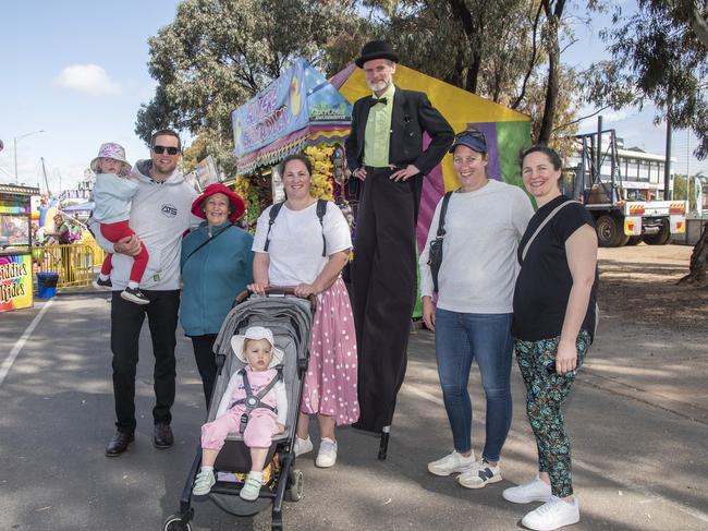 Audrey Brasser, Andrew Brasser, Sue Brasser, Stephanie Brasser, Winnie Brasser, Shorty from Circus Elements, Bianca Brasser and Penelope Brasser having a laugh at the 2024 Swan Hill Show Picture: Noel Fisher.