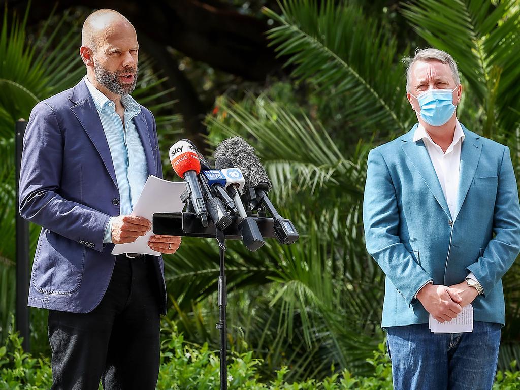 Victorian COVID-19 Response Commander Jeroen Weimar and Victorian Minister Health Martin Foley speak about the latest virus numbers. Picture: NCA NewsWire / Ian Currie