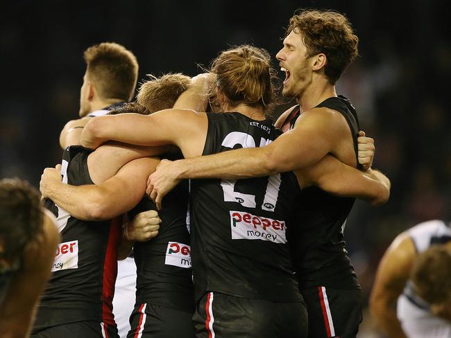 AFL Round 14 : St Kilda v Geelong St Kilda celebrate the win Picture:Wayne Ludbey