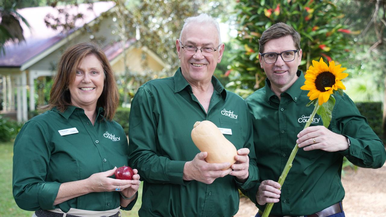 Unveiling the new branding for Queensland Country Tourism at Gabbinbar Homestead are chief executive Peter Homan (centre), deputy chair Louise Sturgess and chair Geoff McDonald.