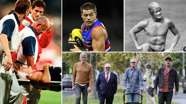 Clockwise from main: former AFL players Shaun Smith after a head knock, Matthew Robbins and Alan Stoneham; the trio with player agent Peter Jess.