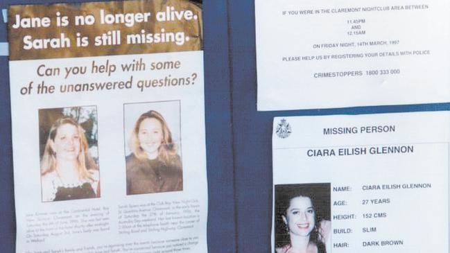 WEEKEND TELEGRAPHS SPECIAL. MUST TALK WITH PIC ED JEFF DARMANIN BEFORE PUBLISHING. , ONE TIME USE ONLY, MUST CREDIT, NO ON SELL OR ON PASS. , STALKING CLAREMONT INSIDE THE HUNT FOR A SERIAL KILLER BY BY BRET CHRISTIAN.  Notice board.  Missing person posters of victims Jane Rimmer (left), Sarah Spiers and Ciara Glennon on a police noticeboard. Ciara was last seenMarch 15, 1997. The poster of Ciara shows an older photo, taken before her year-long backpacking trip. A more recent photoshowed a strikingly different Ciara, with tanned skin and sun-bleached blonde hair. (Michelle Stanley/Post Newspapers