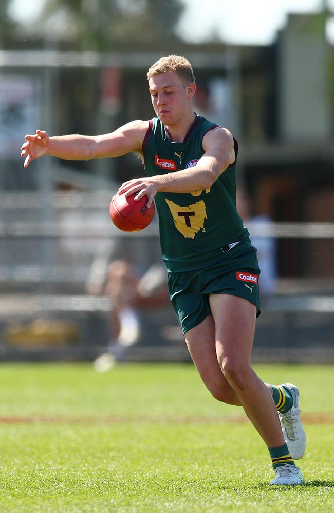 He’s yet to play a game at AFL level, but could Arie Schoenmaker kick Tasmania to a win at a State of Origin carnival? Picture: Graham Denholm/AFL Photos via Getty Images.