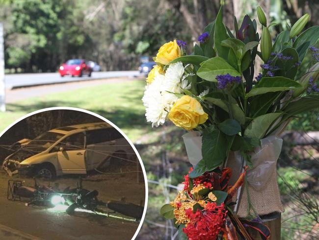 Floral tributes at the scene of the crash that killed a nine-year-old boy at Robina Town Centre Drive on Wednesday. 25 October 2024 Robina Picture by Richard Gosling