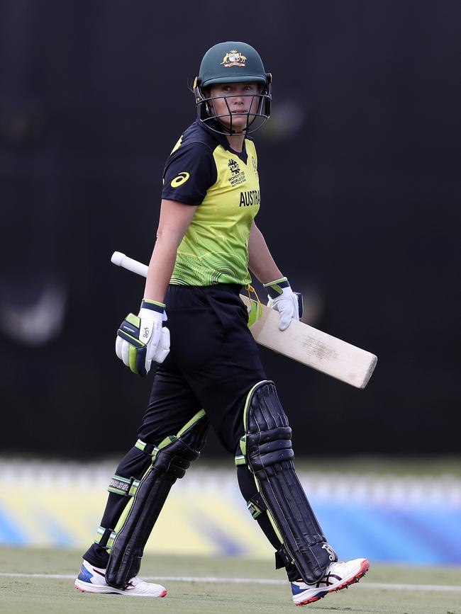 Alyssa Healy walks off Karen Rolton Oval after being caught out for nine against South Africa. Picture: Sarah Reed