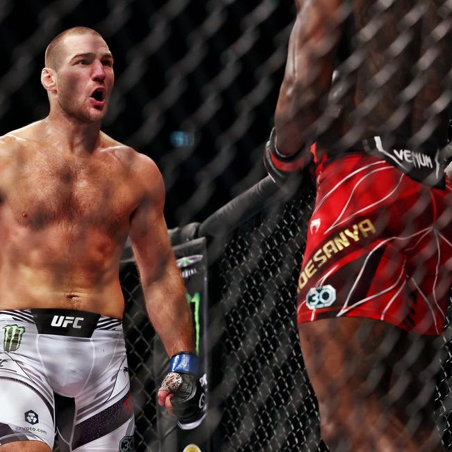 Sean Strickland (grey trunks) taunts Israel Adesanya. Picture: Sam Ruttyn