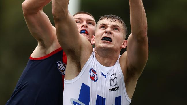 New Roos recruit Callum Coleman-Jones had an unfortunate start to his career with North Melbourne, suffering a knock to the knee. Picture: Michael Klein