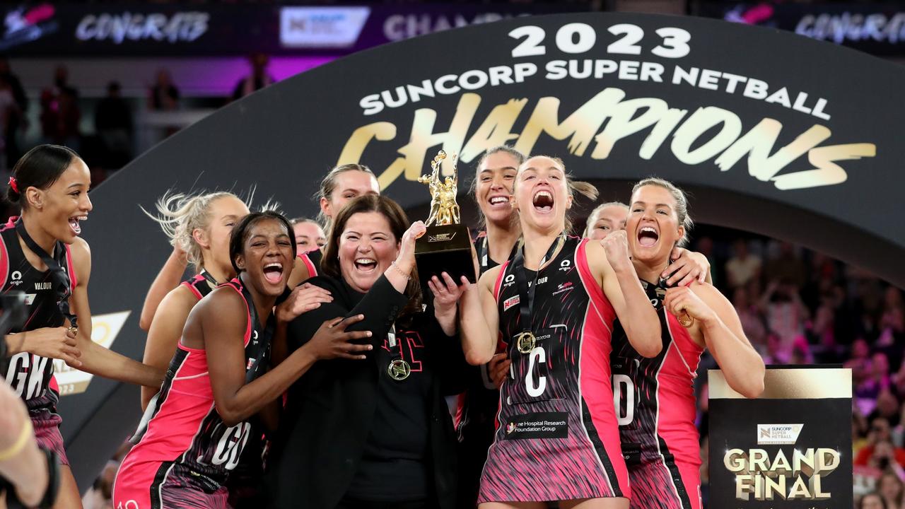 Players of the Thunderbirds celebrate winning this year’s Super Netball championships. Picture: Getty