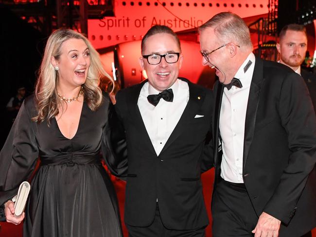 Jodie Haydon, Alan Joyce and Anthony Albanese at the Qantas 100th Gala Dinner.