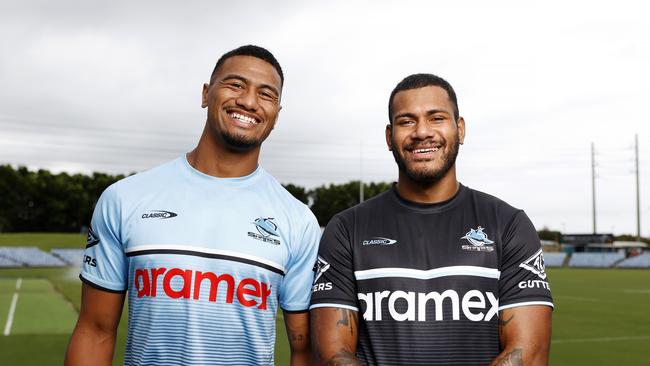 Sharks wingers Ronaldo Mulitalo (left) and Sione Katoa at Shark Park in Woolooware. Picture: Jonathan Ng