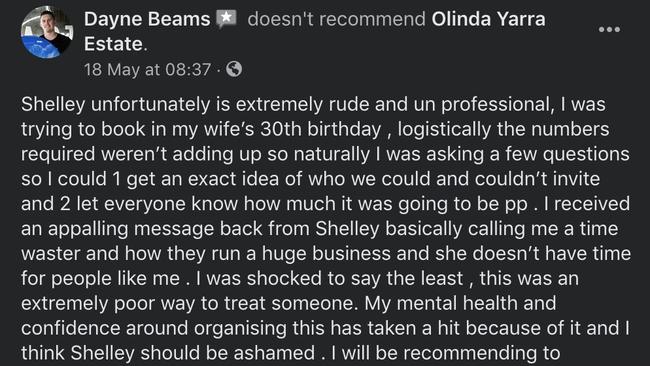 Beams’ subsequent review of Olinda Yarra Estate on Facebook.