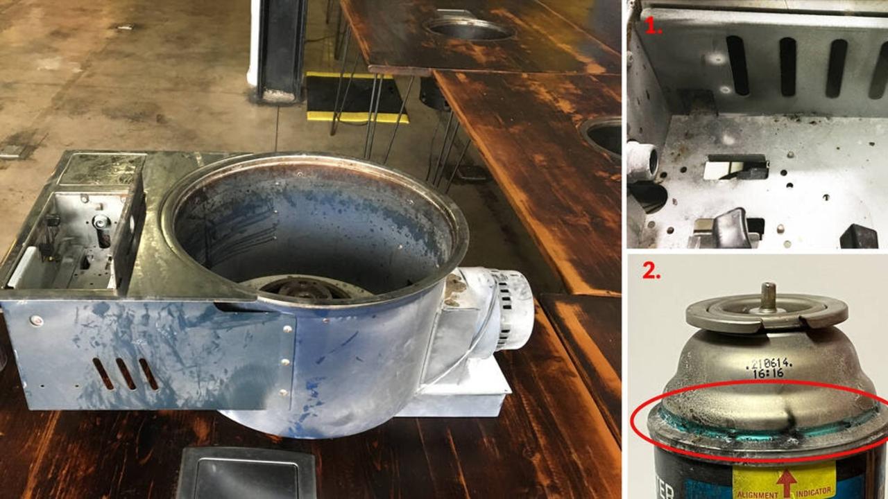 The barbecue appliance used in the Little Miss Korea explosion. Insert 1. The vented cartridge compartment. Insert 2. The release vents are exposed on the gas cartridge indicating the CRV safety device activated. Picture: Supplied.