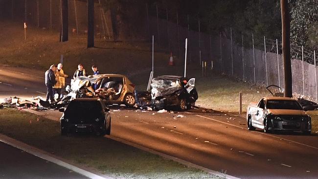 The horrific crash scene at Orchards Hills on Friday night. Picture: Gordon McComiskie