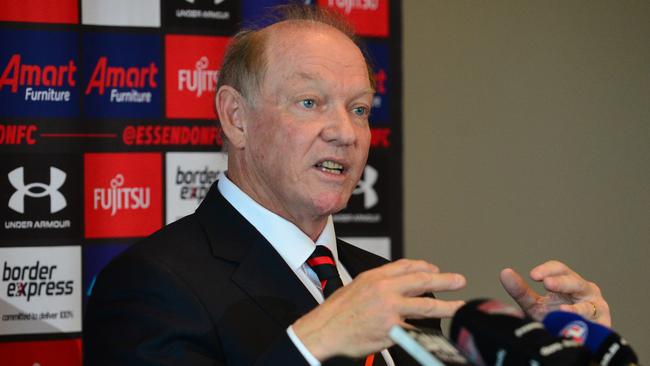 MELBOURNE, AUSTRALIA - NewsWire Photos SEPTEMBER 30TH, 2022: Essendon President David Barham, speaks to the media, about newly-appointed senior coach Brad Scott, at the NEC Hangar. Picture: NCA NewsWire / Nicki Connolly