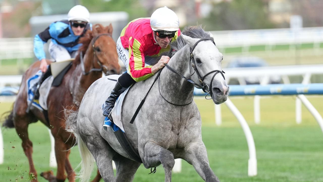 John Allen guides Kingswood to victory in the Coongy Cup at Caulfield on Wednesday. Picture: Scott Barbour/Racing Photos via Getty Images