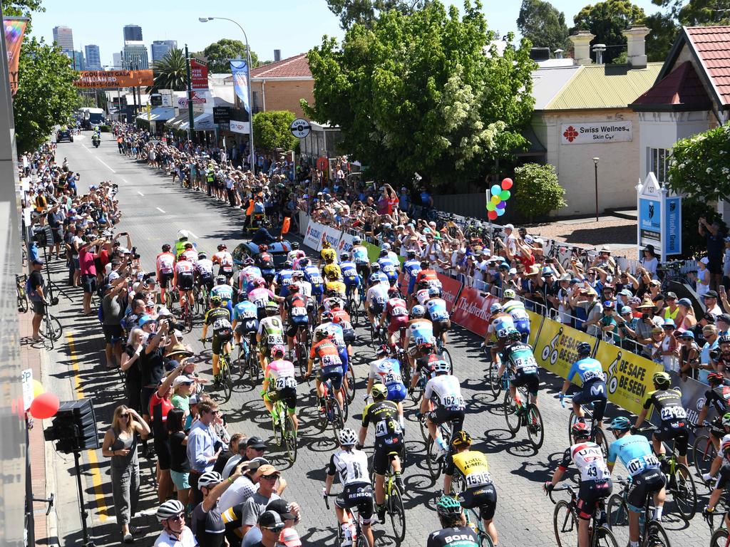 Riders at the start line of the Tour Down Under Stage 2, Unley to Stirling. Picture: Tricia Watkinson