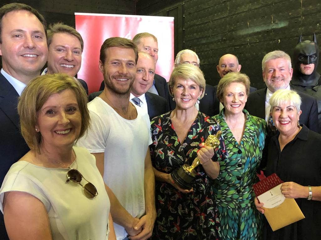 Federal Ministers Steve Ciobo, Julie Bishop and Mitch Fifield joined fellow Federal MPs, Village Roadshow Studios president Lynne Benzie (front left), actor Luke Bracey (white shirt) and Oscar winner Lesley Vanderwalt (front right) at Village Roadshow Studios for the Location Incentive announcement. Picture: Supplied.