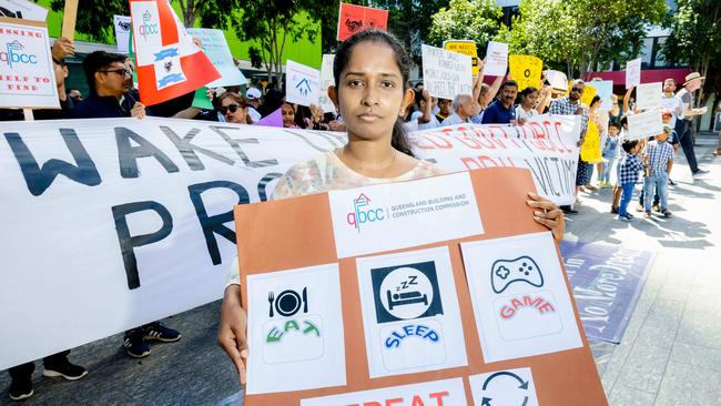 A customer of collapsed builder Porter Davis, Shalu Krishna, protests in Brisbane’s CBD. Picture: Richard Walker