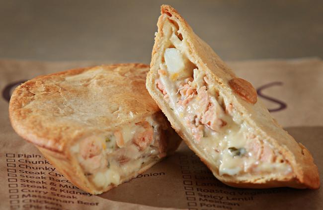 The award-winning pie has smoked salmon, kingfish, boiled egg and parsley in a white sauce.