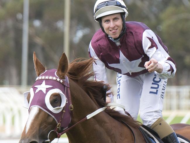 Damian Lane celebrates his Group 1 success. Picture Simon Merritt Western Racing Pix