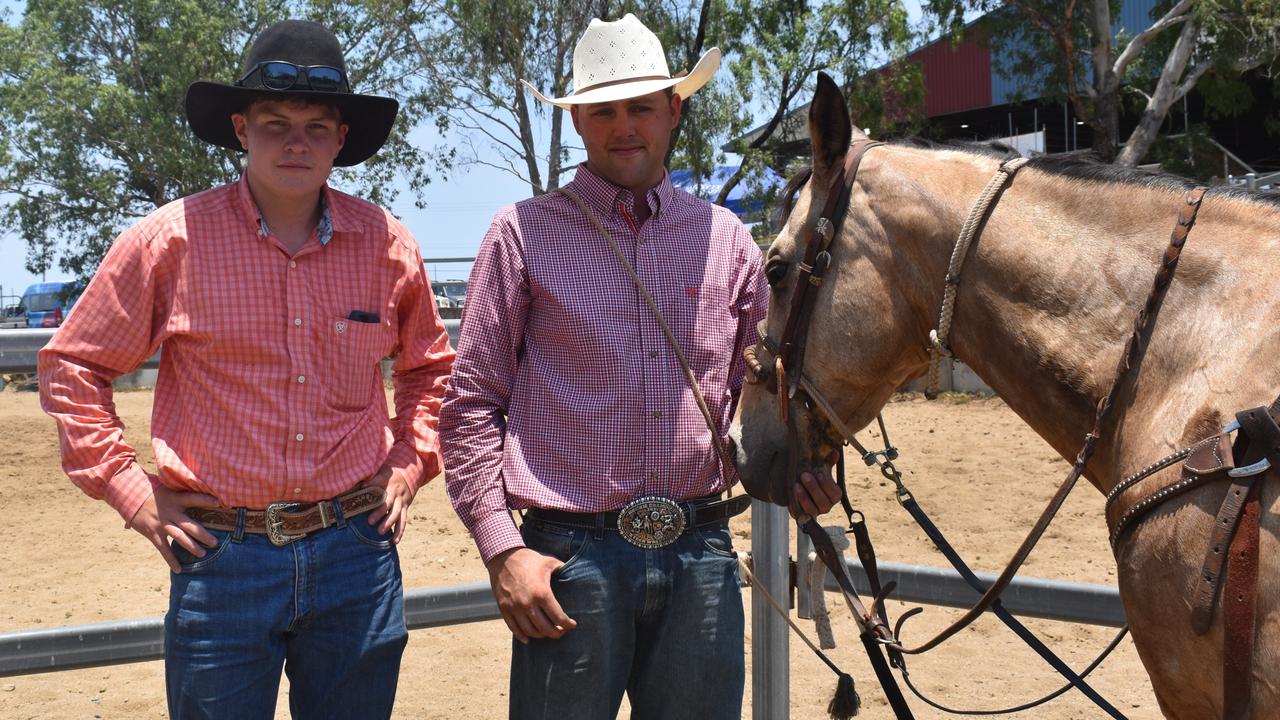 Rockhampton's Bailey Hoare and Yarrawonga's Lachie Flanagan at the APRA National Finals Rodeo at CQLX Gracemere on November 9, 2024.