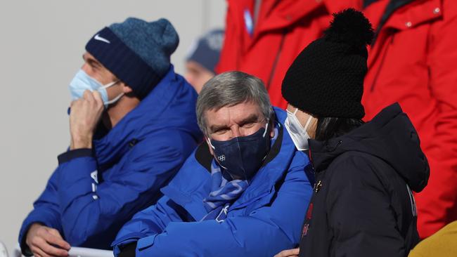 Thomas Bach, IOC President speaks with Peng Shuai prior to the Women's Freestyle Skiing Freeski Big Air Final on Day 4. Picture: Getty