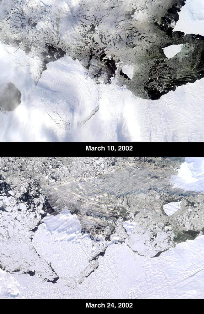 Images from 28 March 2002 show the Thwaites Ice Tongue, a large sheet of glacial ice extending from the West Antarctic mainland into the southern Amundsen Sea. A large crack in the Thwaites Tongue was discovered in imagery from NASA's Terra Spacecraft's Moderate Resolution Imaging Spectroradiometer (MODIS). Subsequent widening of the crack led to the calving of a large iceberg. Picture: NASA / NASA / AFP.