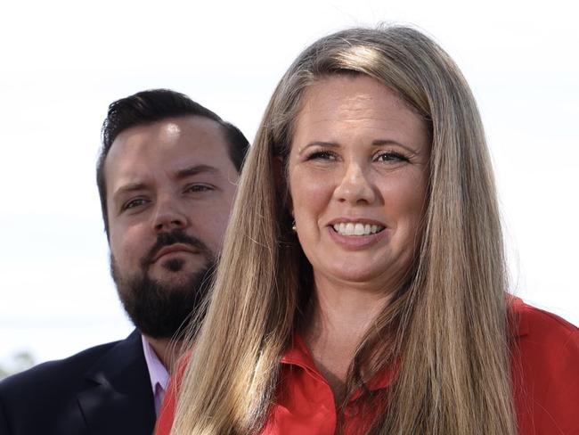 Brisbane City Council Labor campaign launch. Labor Lord Mayoral candidate Tracey Price (red), Council Opposition Leader Cr Jared Cassidy (suit), Labor Councillor for Morningside Ward Cr Lucy Collier (purple and orange)