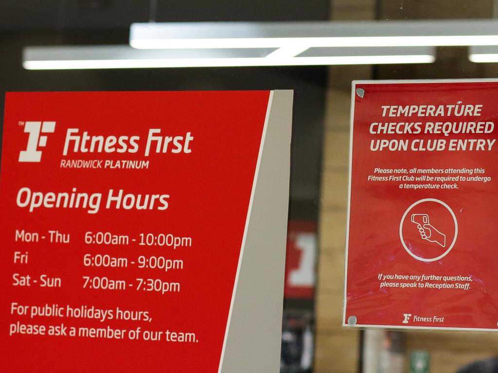 Signs at a Fitness First in Sydney during an outbreak last year. Picture: Gaye Gerard