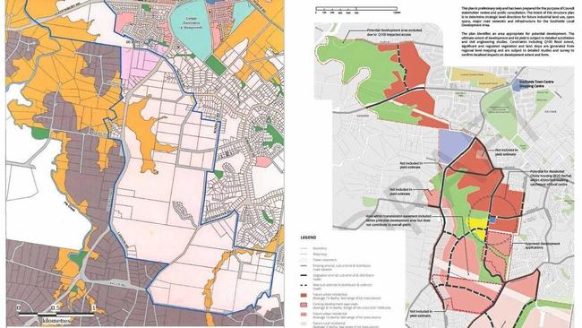 The old 2013 Gympie regional planning scheme (left) and the new draft structure plan for Southside local development. Picture: Contributed